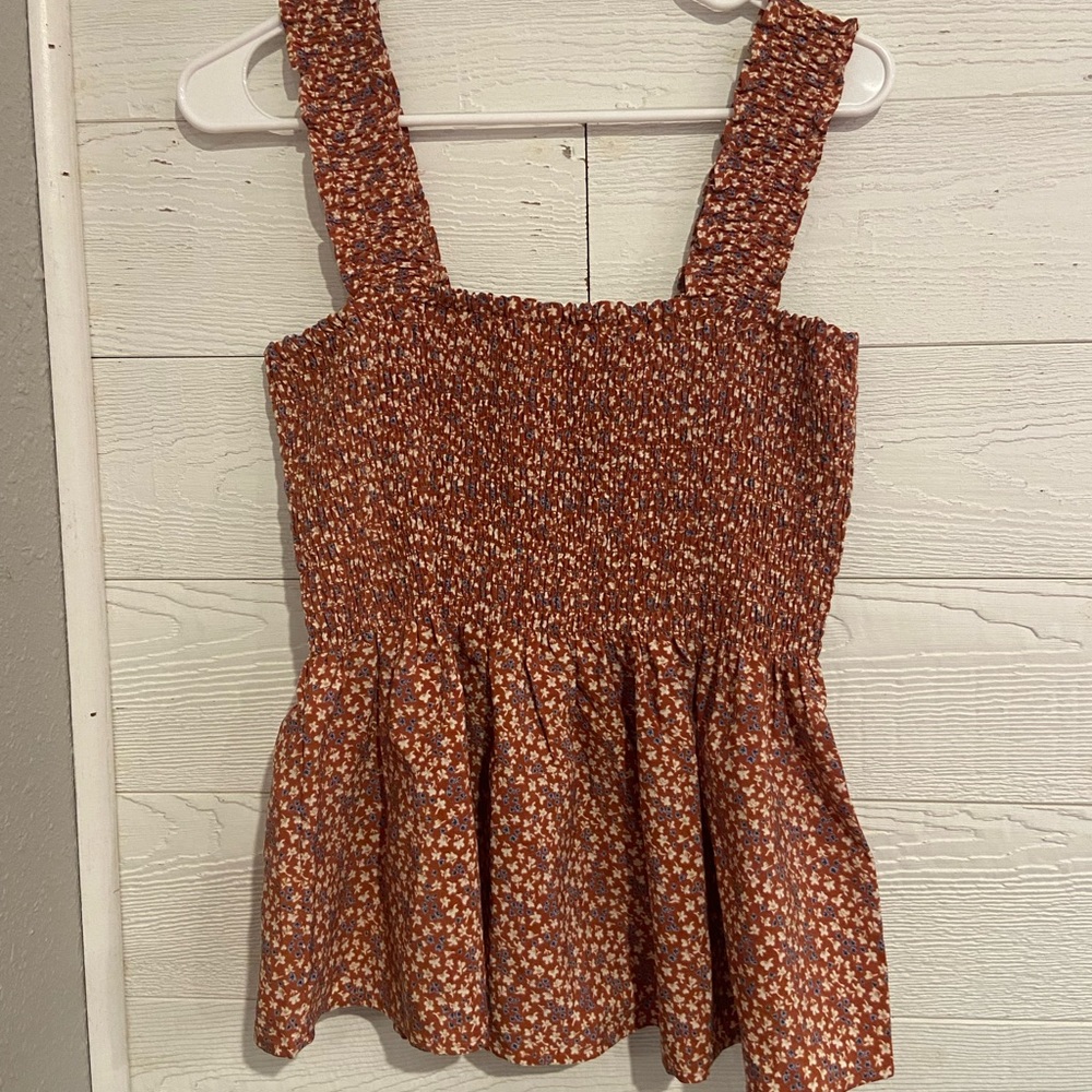Rust Colored Floral Smocked Tank Top